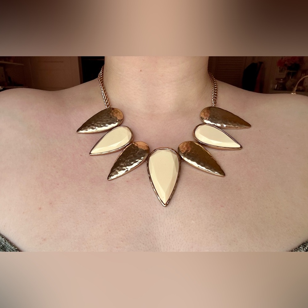 Gold and Ivory Tone Statement Necklace | Hammered Metal